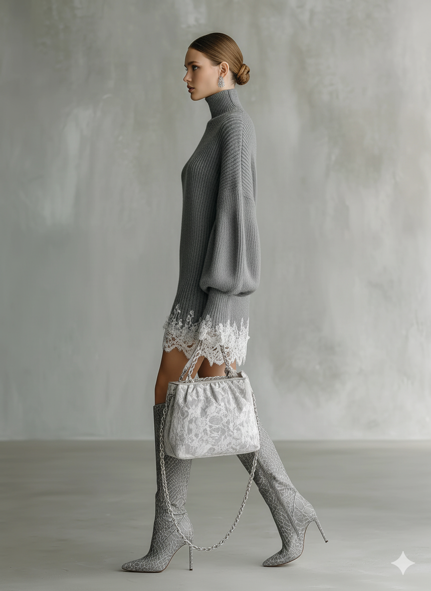 Gemma™ | Vestido corto de punto con cuello alto y encaje