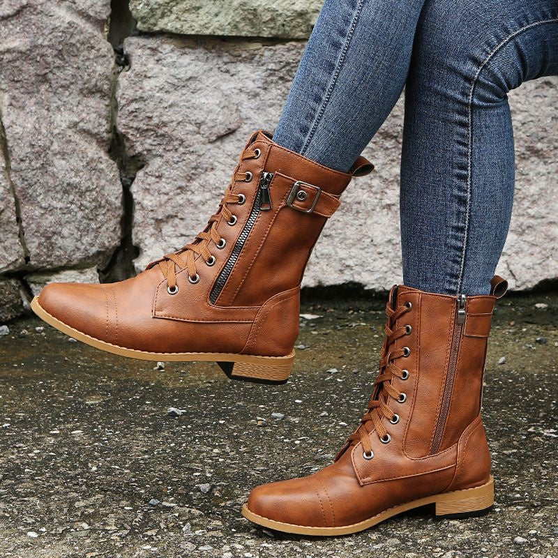 Angela™ | Botas militares planas con cordones y cremallera lateral