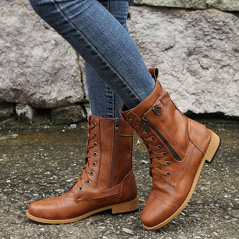 Angela™ | Botas militares planas con cordones y cremallera lateral