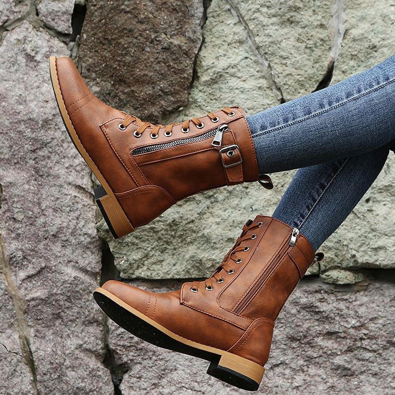 Angela™ | Botas militares planas con cordones y cremallera lateral