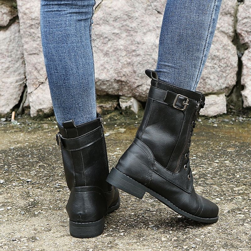 Angela™ | Botas militares planas con cordones y cremallera lateral
