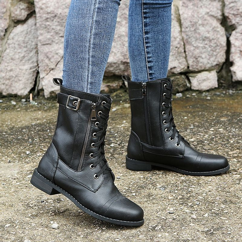 Angela™ | Botas militares planas con cordones y cremallera lateral