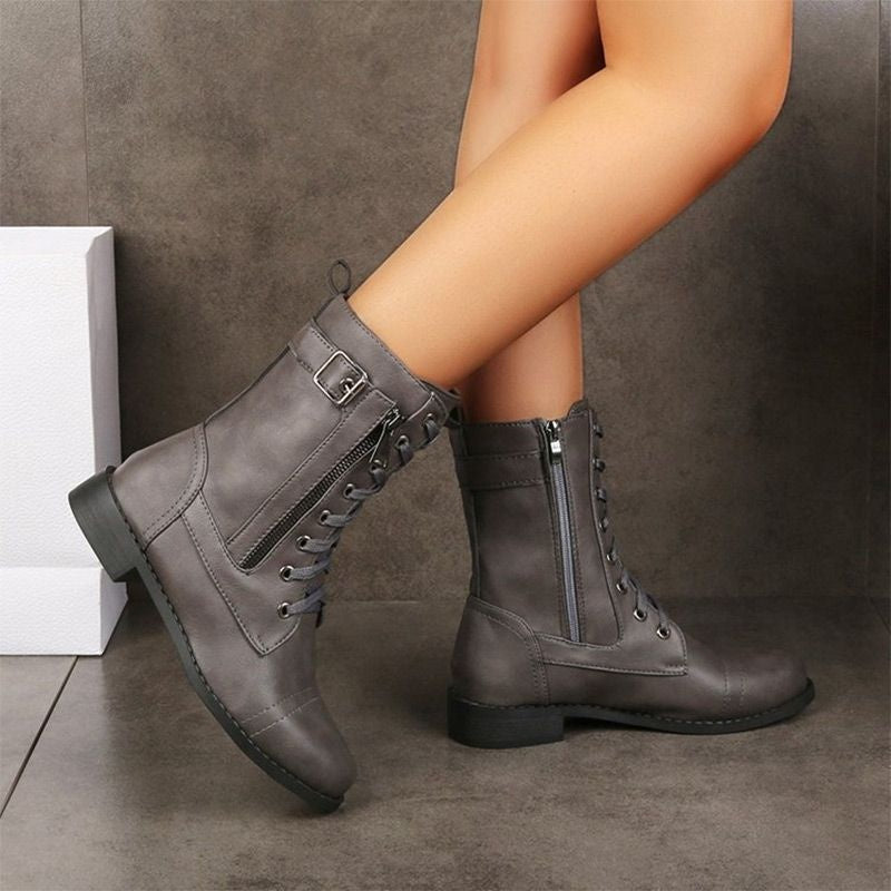 Angela™ | Botas militares planas con cordones y cremallera lateral