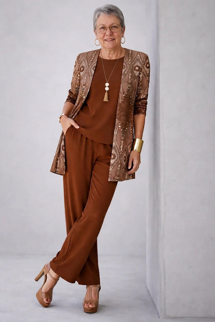 Madelyn™ | Conjunto de 3 piezas con chaqueta de lentejuelas y pantalón recto