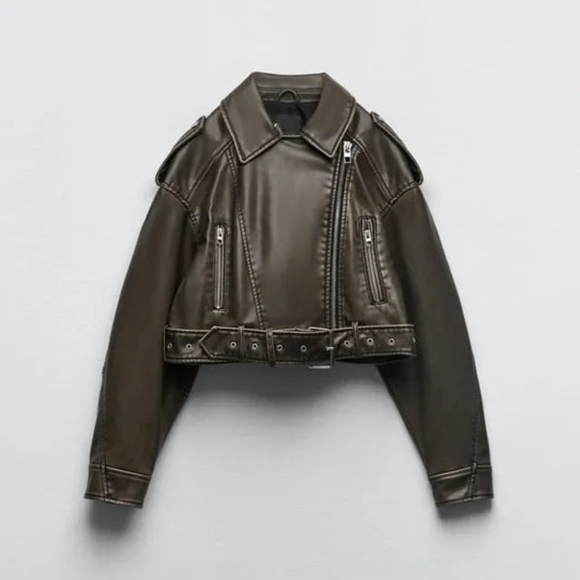 Hailey™ | Chaqueta motera corta de polipiel con cinturón