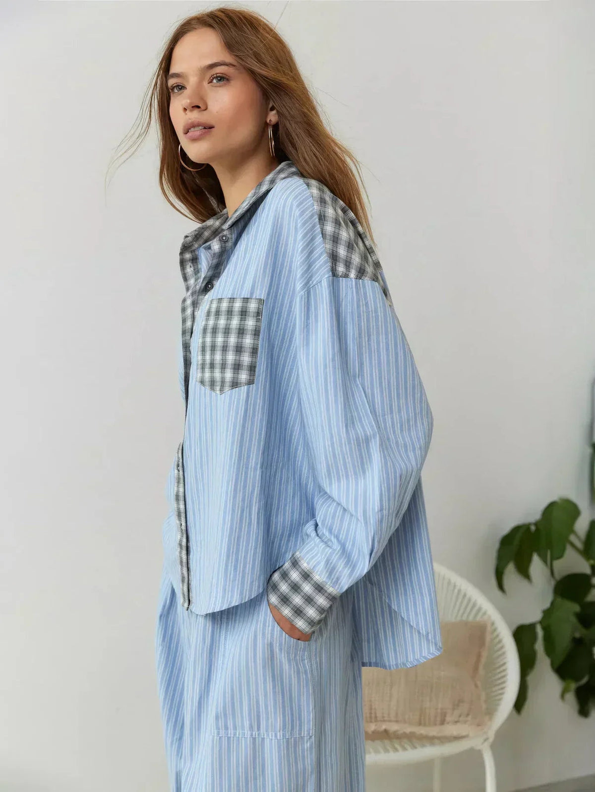 Elena™ | Pijama de cuadros con camisa abotonada y pantalón
