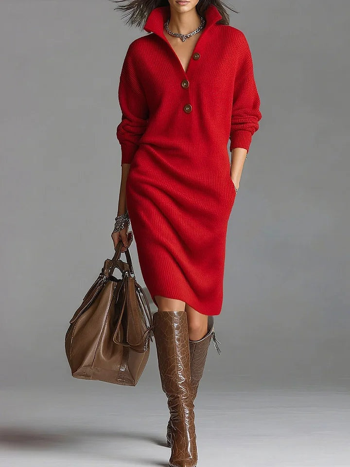 Natalie™ | Vestido de punto de canalé con cuello abotonado