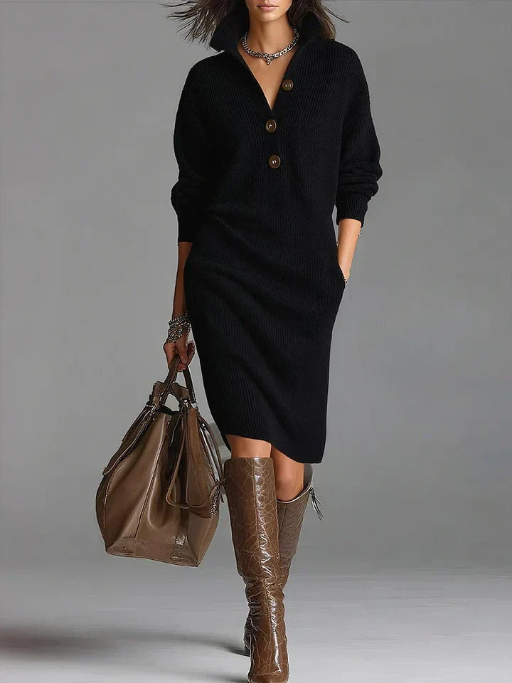 Natalie™ | Vestido de punto de canalé con cuello abotonado