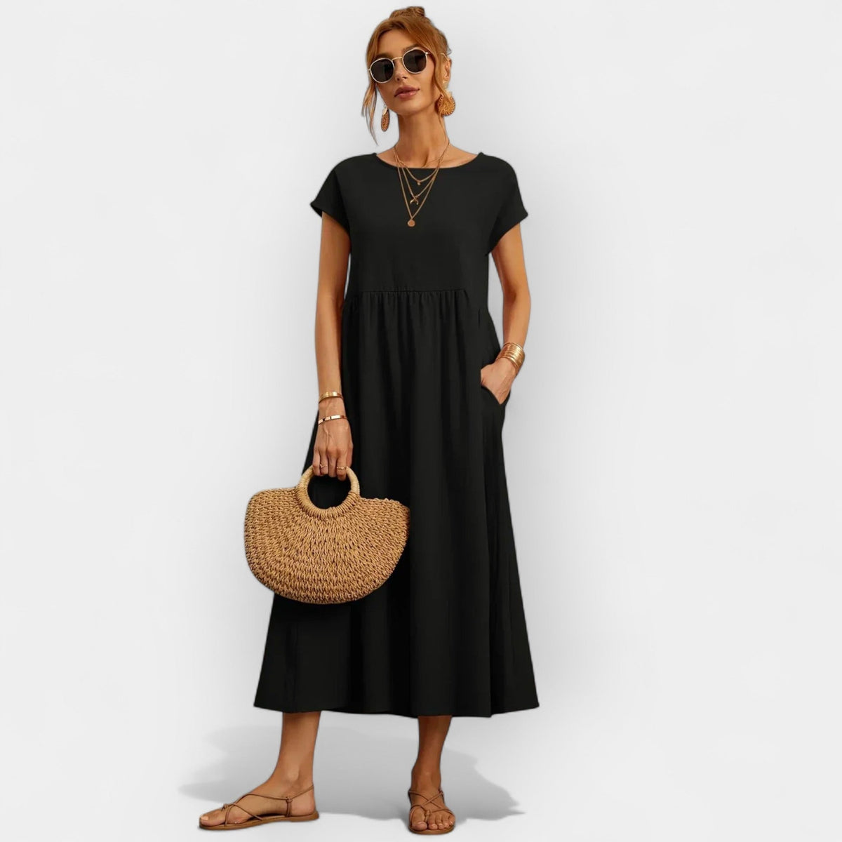 Vivian™ | Vestido midi casual con bolsillos y manga corta