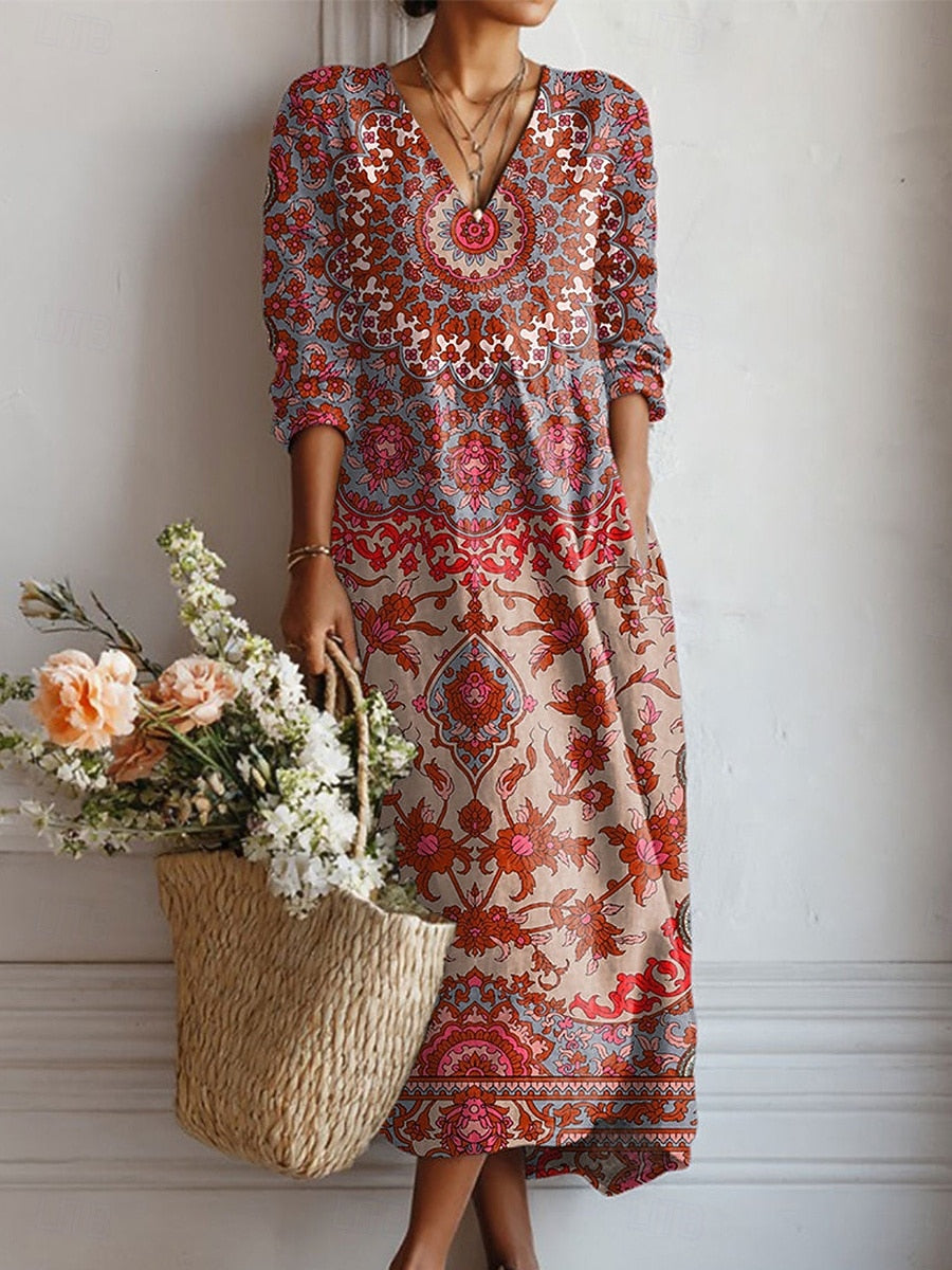 Sophie™ | Vestido midi boho de lino estampado con escote en V