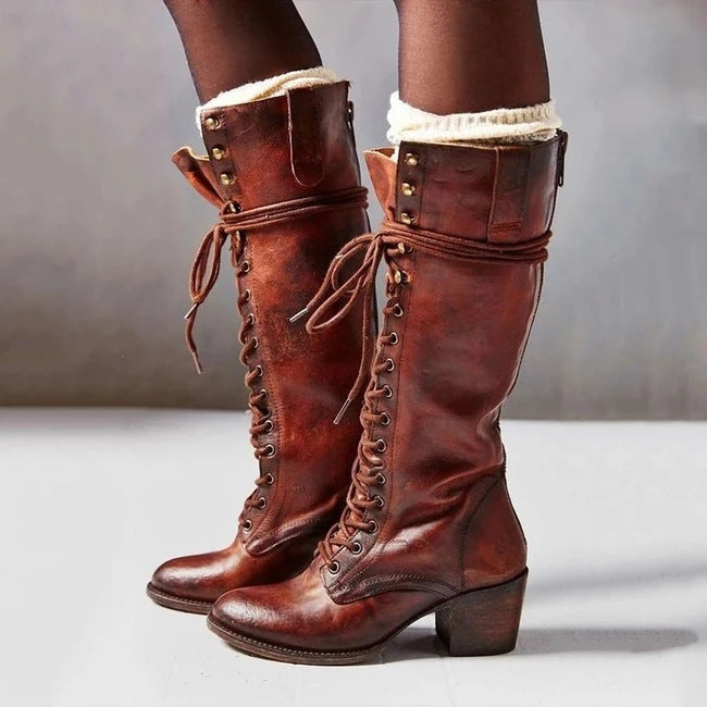 Diana™ | Botas altas de piel con cordones y tacón