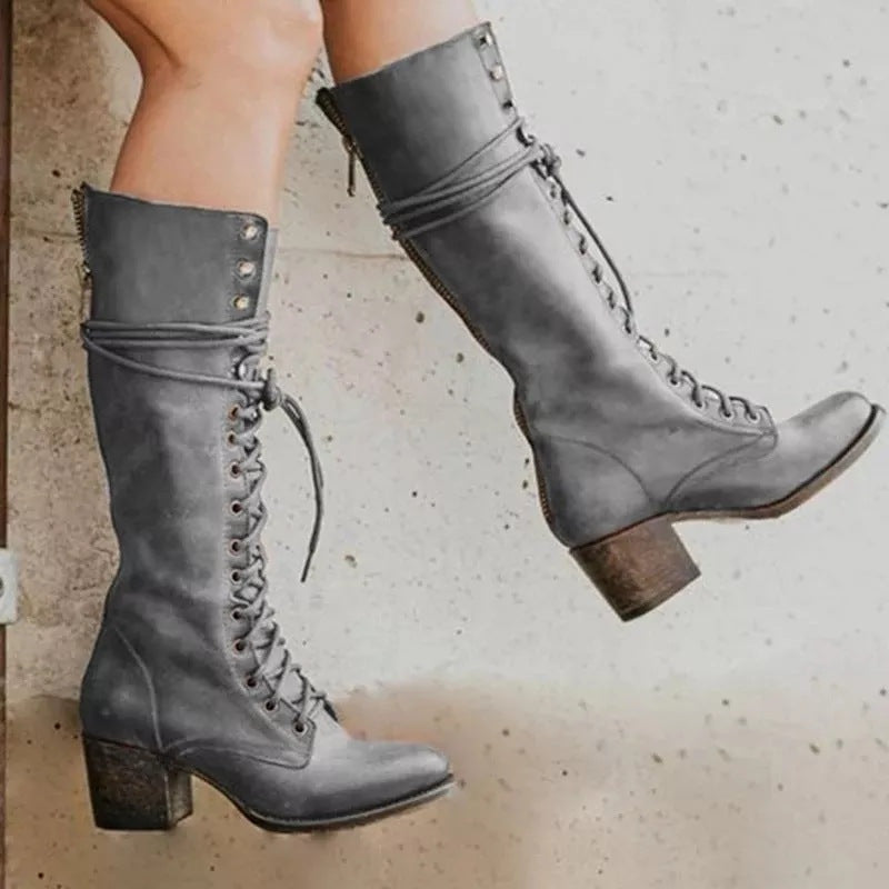 Diana™ | Botas altas de piel con cordones y tacón