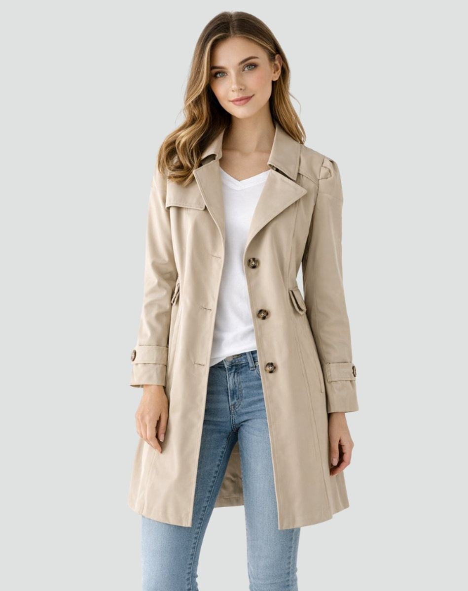 Nora™ | Gabardina larga entallada con solapas y botones