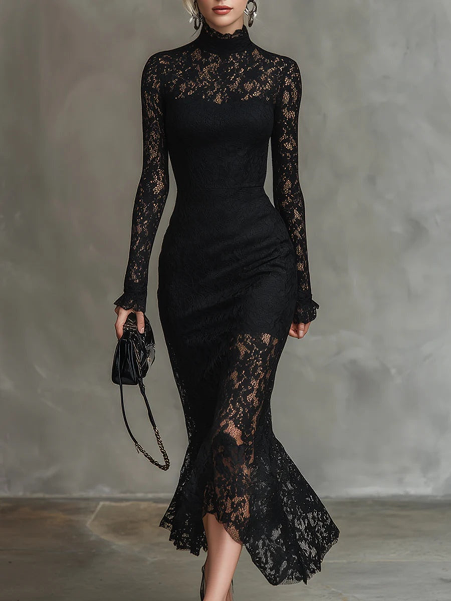 Samantha™ | Vestido de encaje de manga larga con cuello alto