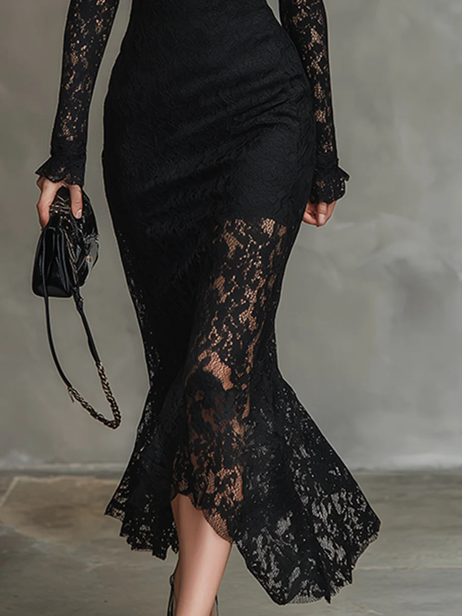 Samantha™ | Vestido de encaje de manga larga con cuello alto