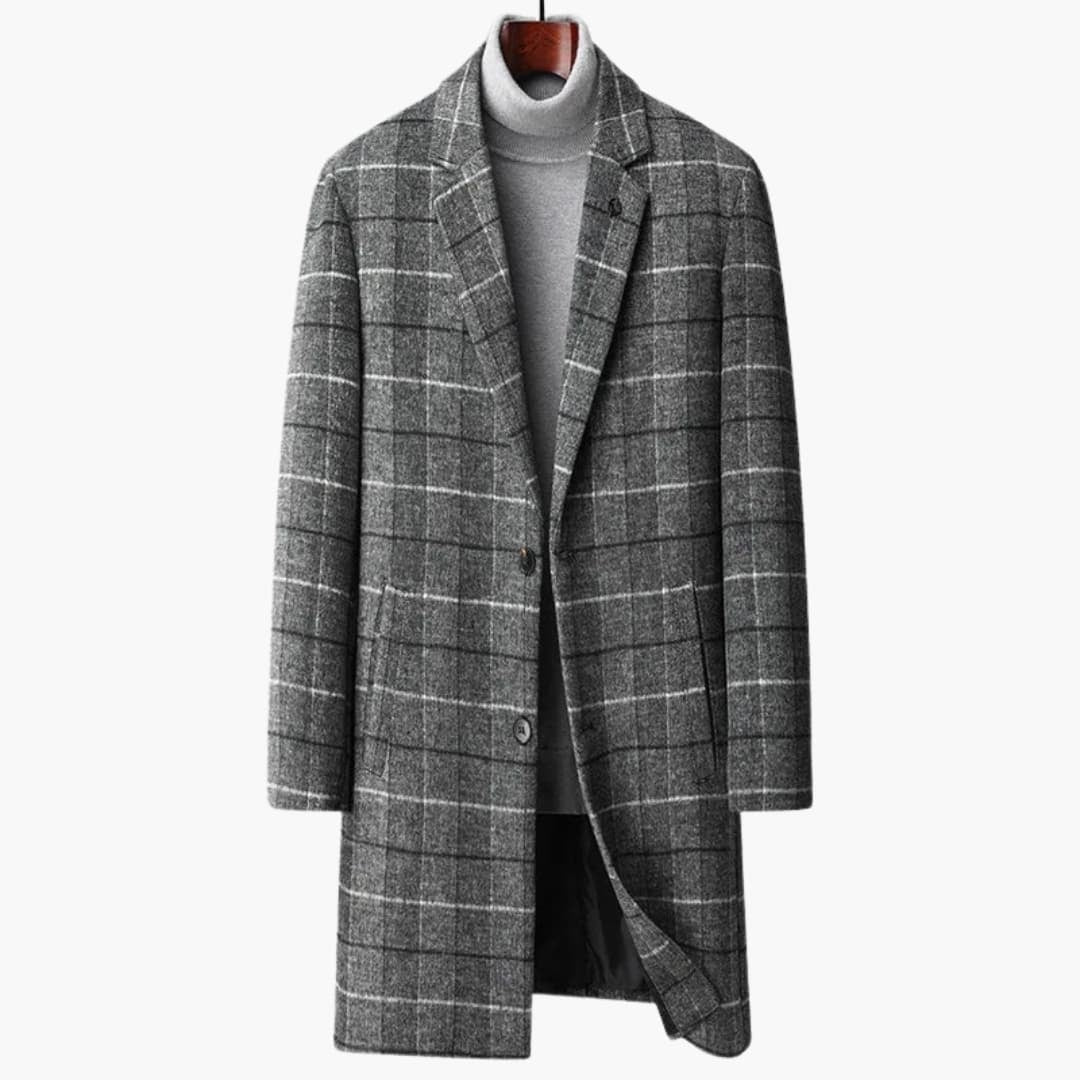 Zachary™ | Abrigo largo de paño a cuadros con cuello de solapa
