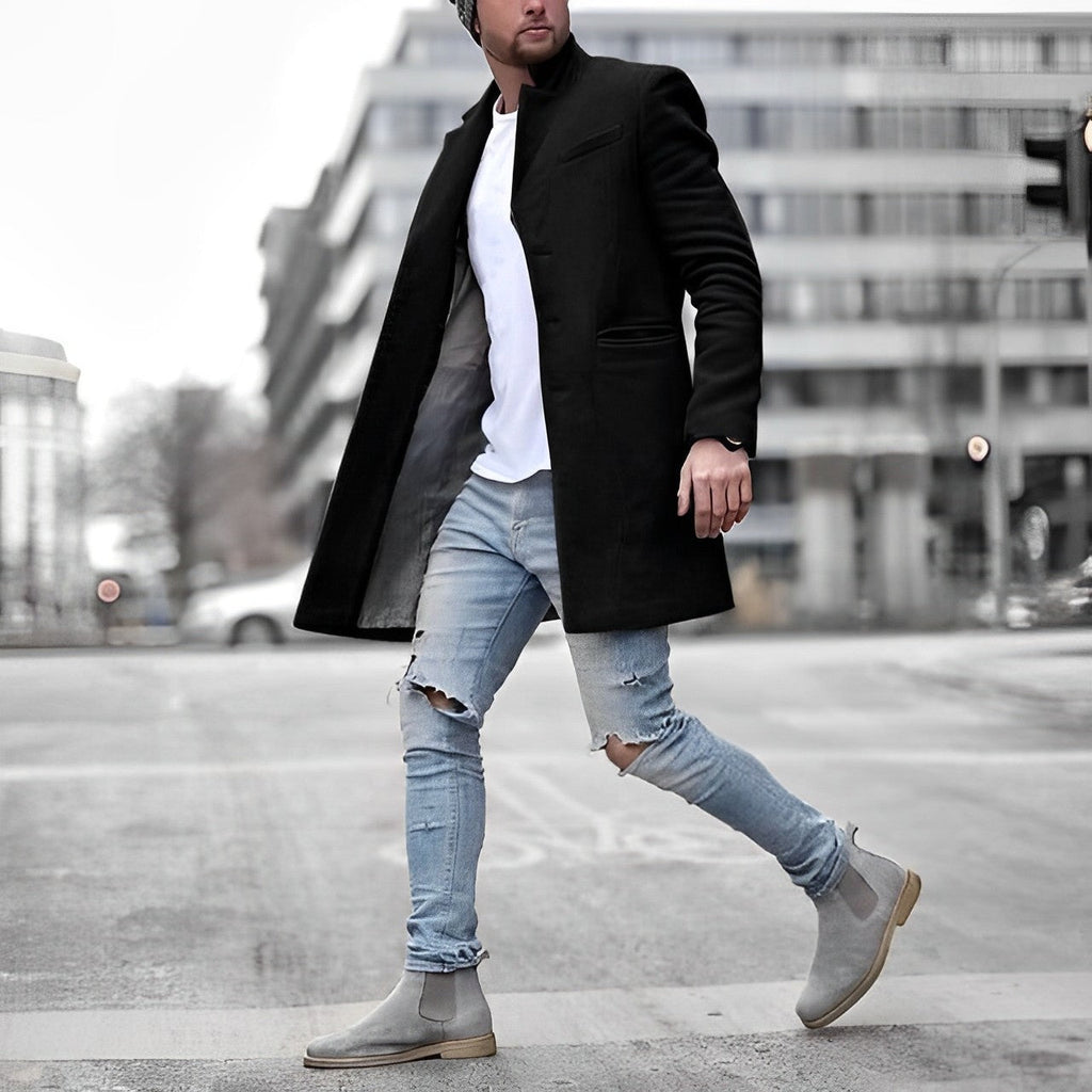 Dylan™ | Abrigo largo de paño slim fit con cuello mao