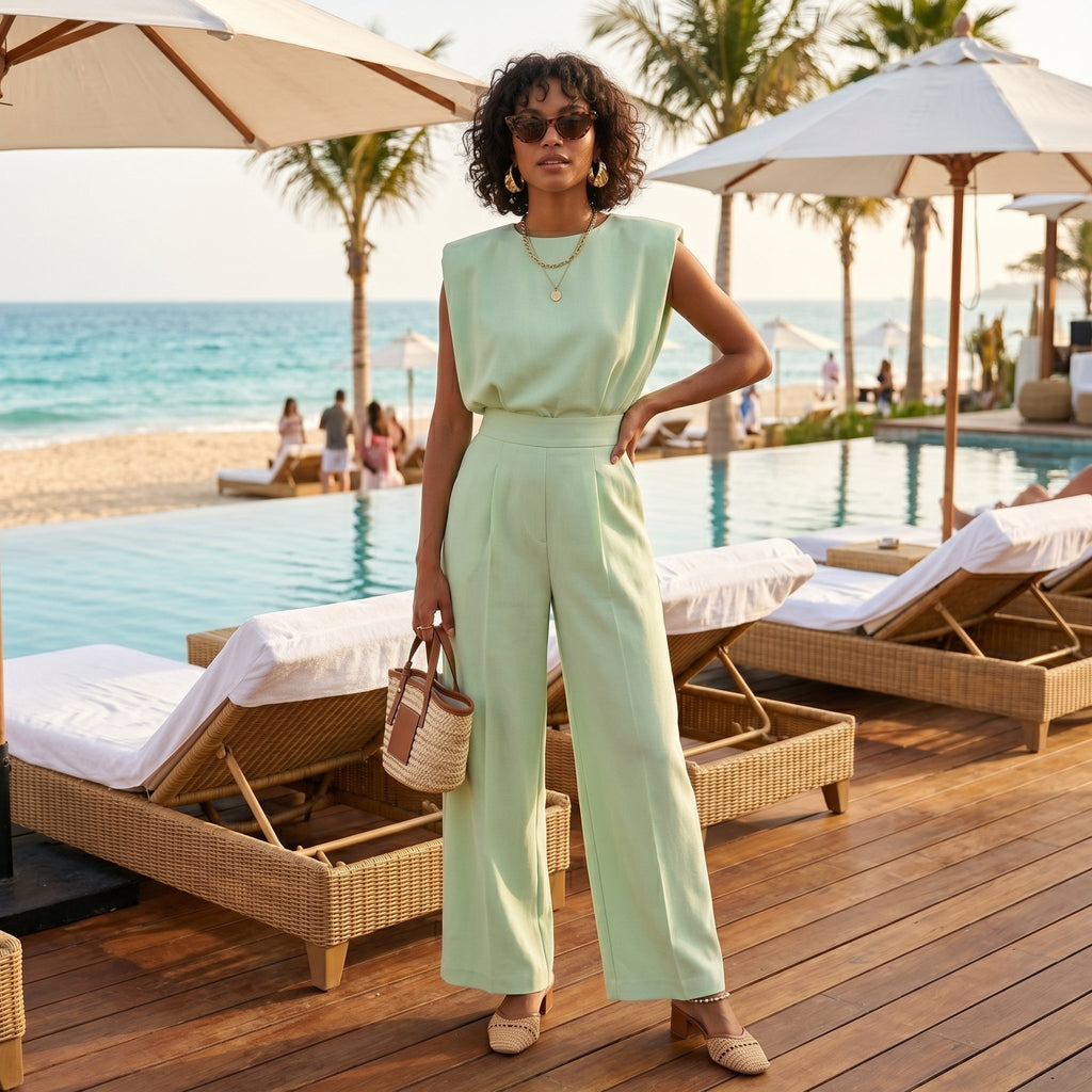 Ariana™ | Mono elegante palazzo sin mangas de tiro alto