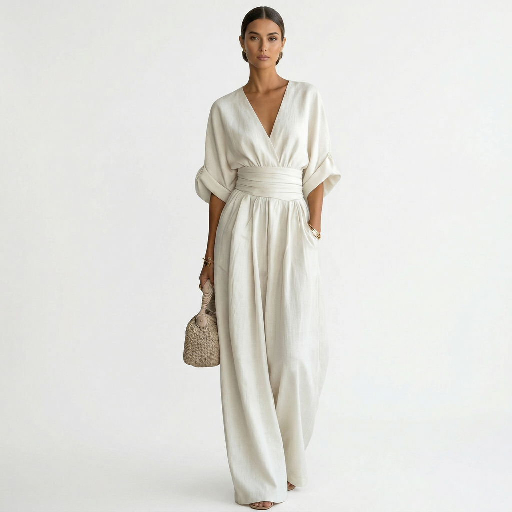 Clara™ | Mono largo elegante con escote en V y cinturón