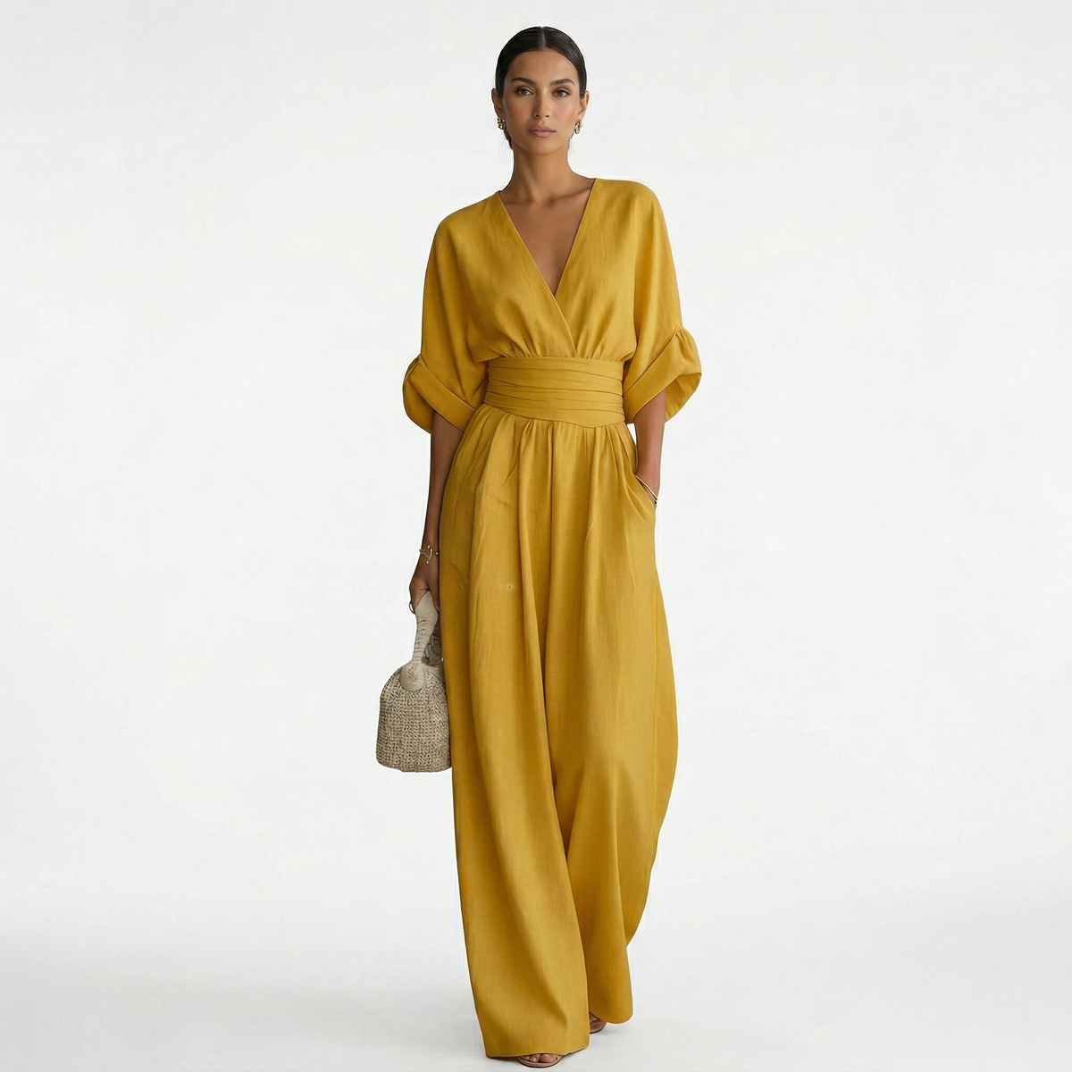Clara™ | Mono largo elegante con escote en V y cinturón