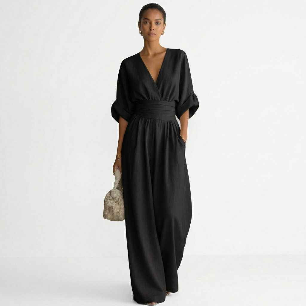 Clara™ | Mono largo elegante con escote en V y cinturón