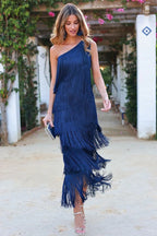 Emilia™ | Vestido largo de gala asimétrico de un hombro con flecos