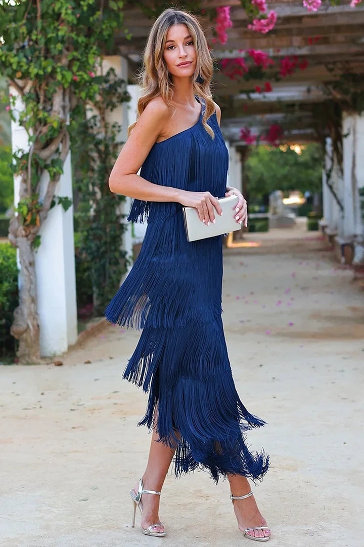 Emilia™ | Vestido largo de gala asimétrico de un hombro con flecos