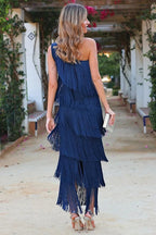 Emilia™ | Vestido largo de gala asimétrico de un hombro con flecos