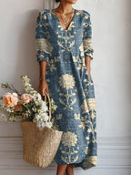 Sophie™ | Vestido midi boho de lino estampado con escote en V