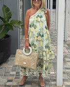 Vestido largo asimétrico floral de un hombro