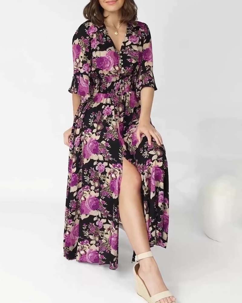 Vestido largo estampado con escote en V y media manga
