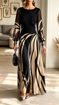 Carmen™ | Vestido largo negro y beige con falda ondulada