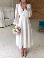Eden™ | Vestido midi de manga larga abullonada con escote en V