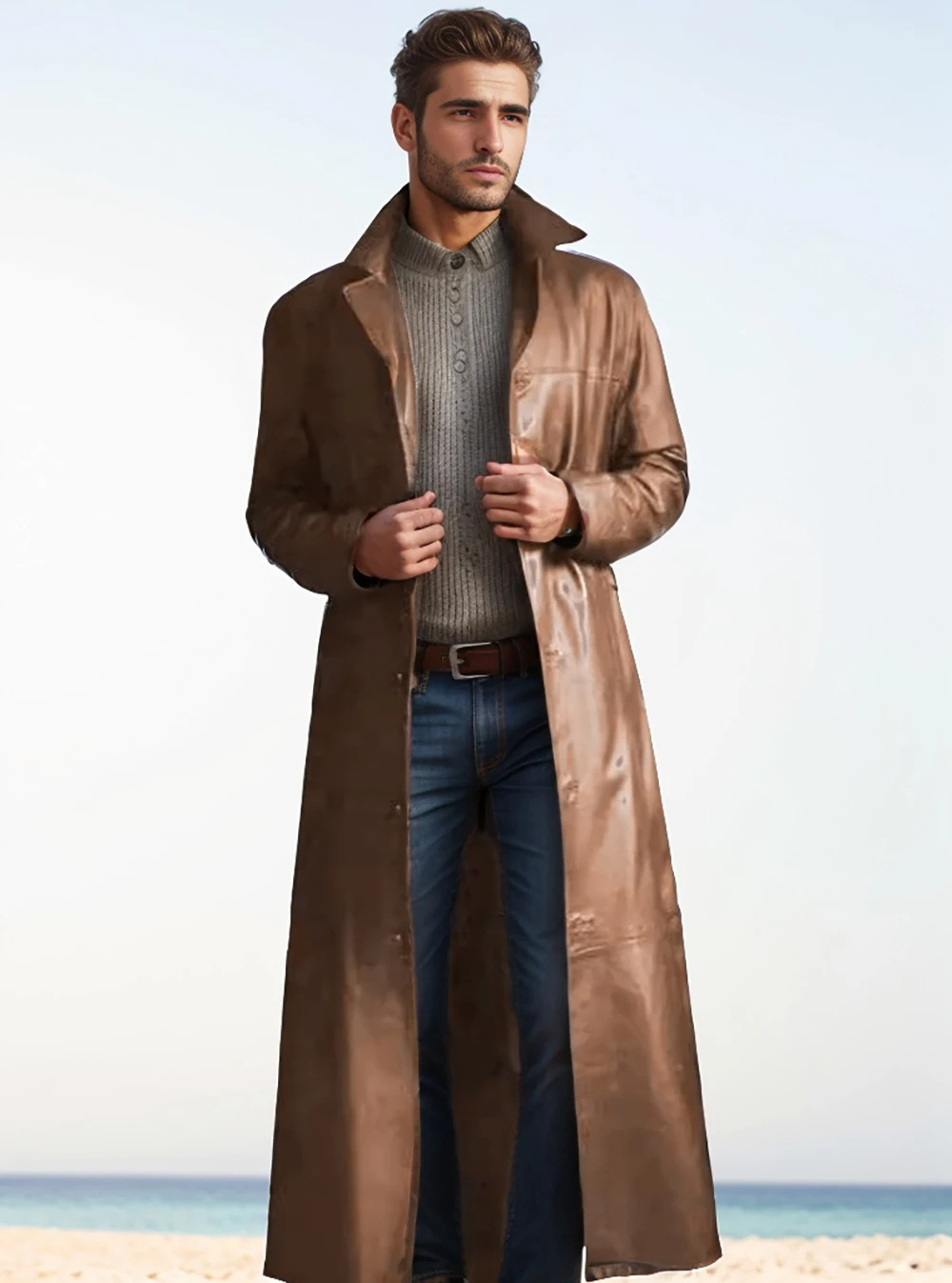 Ian™ | Gabardina larga efecto piel con cuello solapa