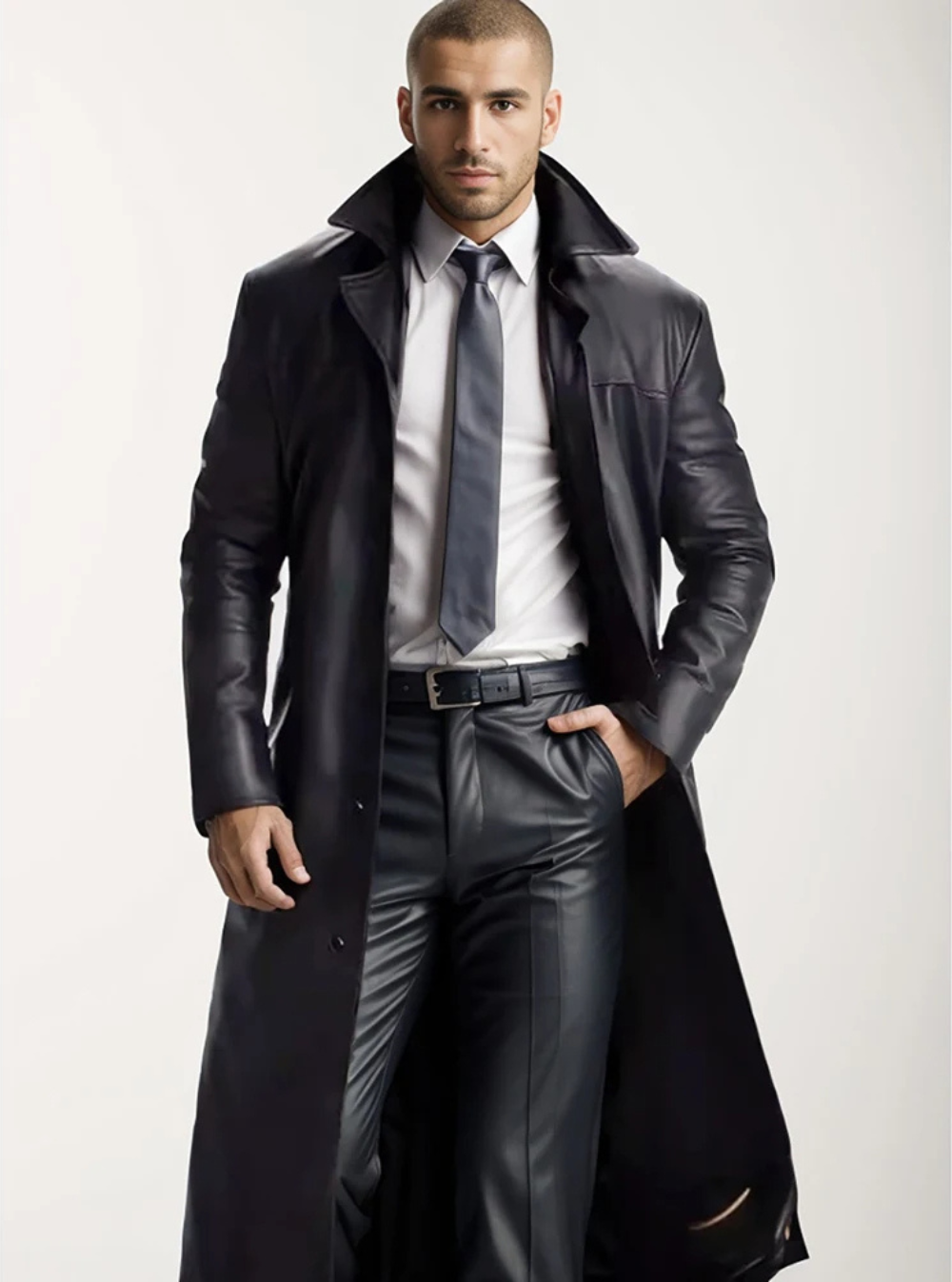 Ian™ | Gabardina larga efecto piel con cuello solapa