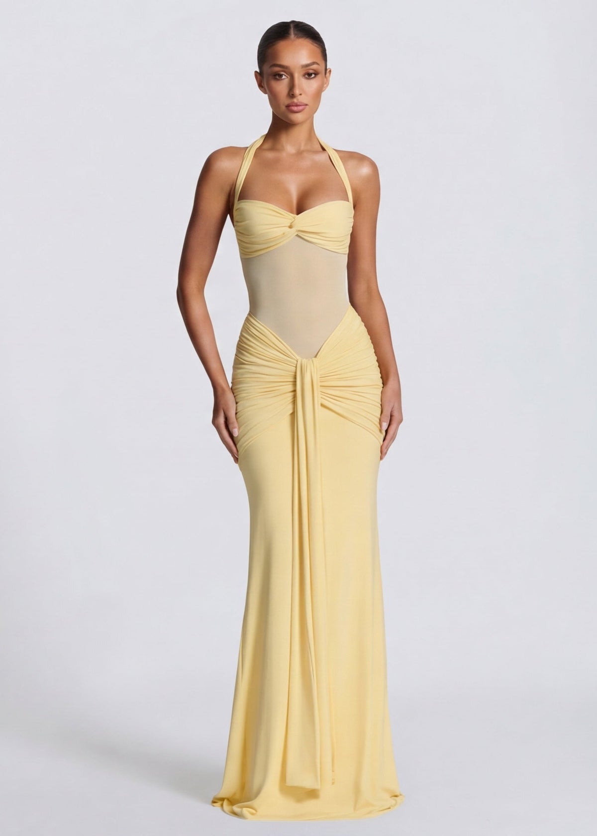 Vestido largo ajustado con cintura de tul y fruncido