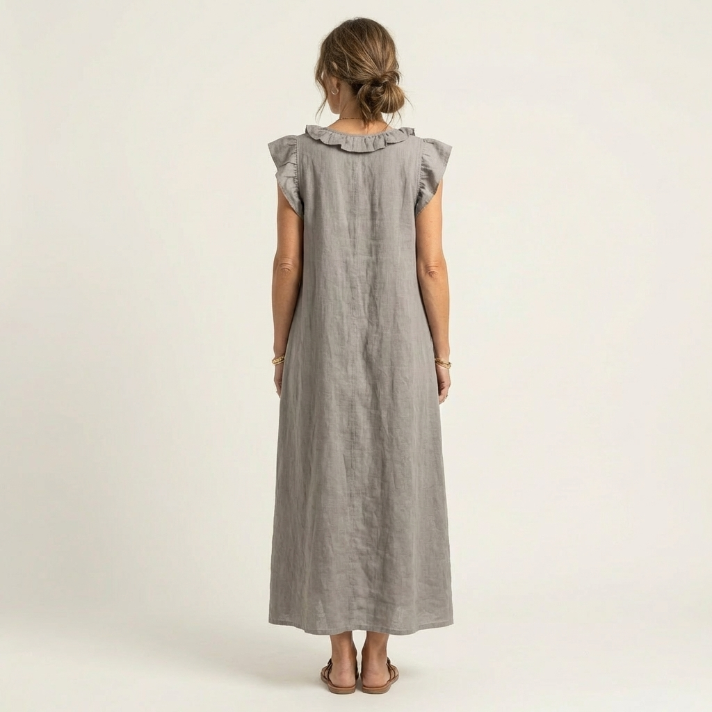 Marisol | Vestido largo de lino con cuello en V y volantes