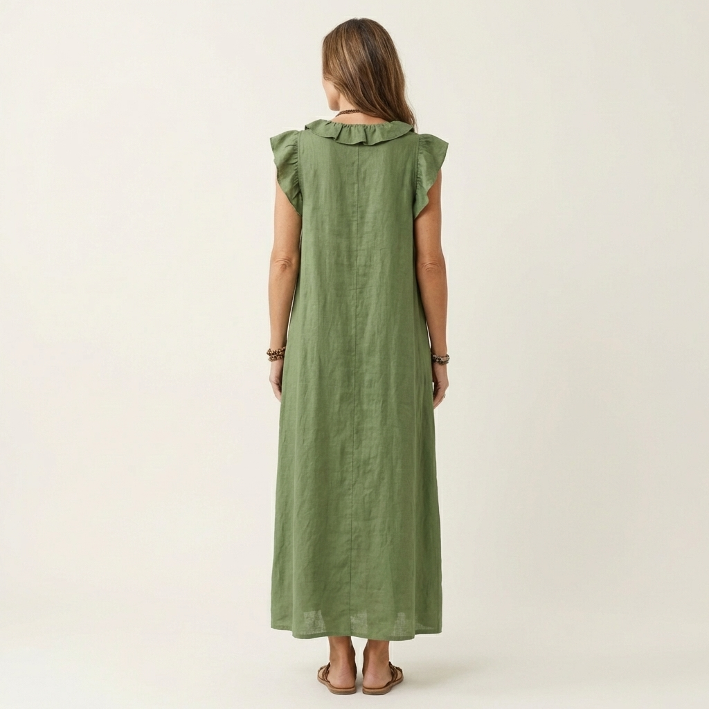 Marisol | Vestido largo de lino con cuello en V y volantes