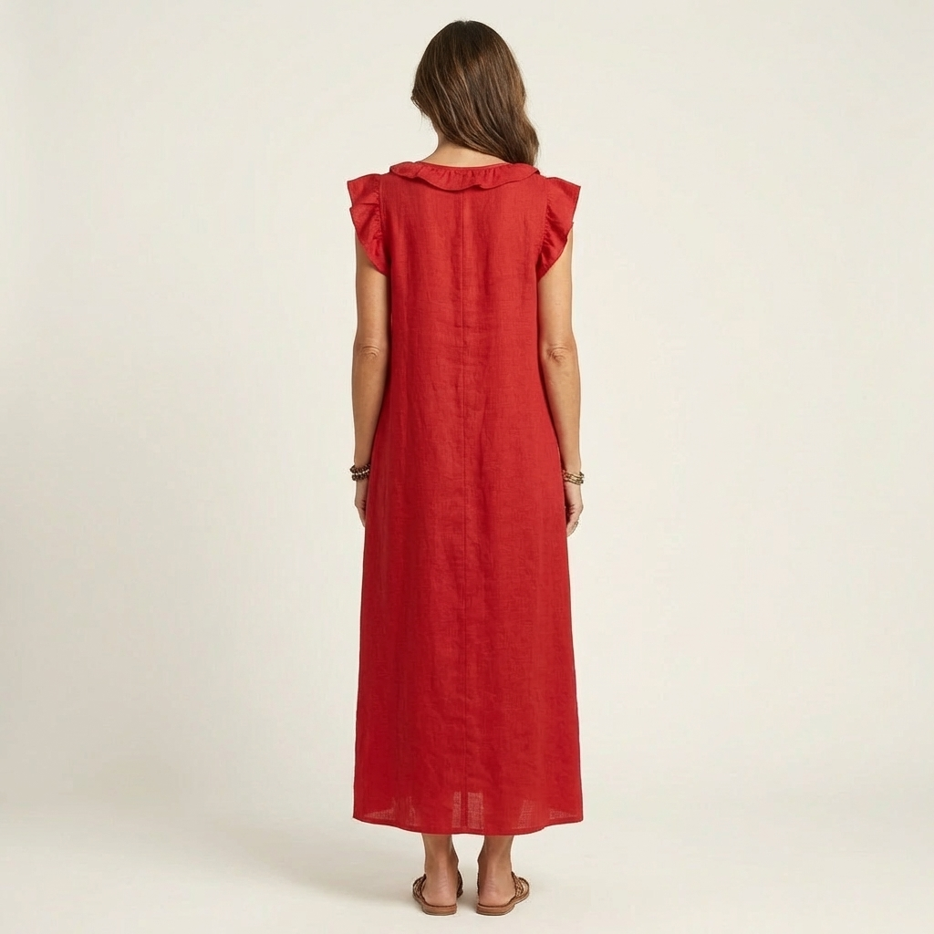 Marisol | Vestido largo de lino con cuello en V y volantes