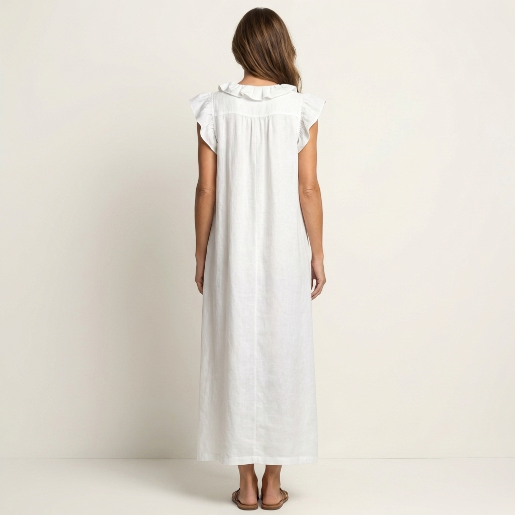 Marisol | Vestido largo de lino con cuello en V y volantes
