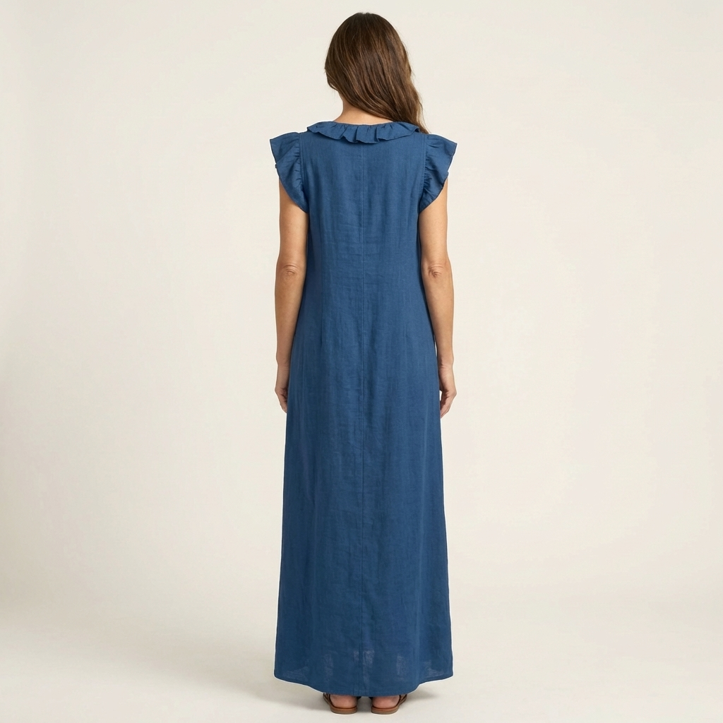 Marisol | Vestido largo de lino con cuello en V y volantes