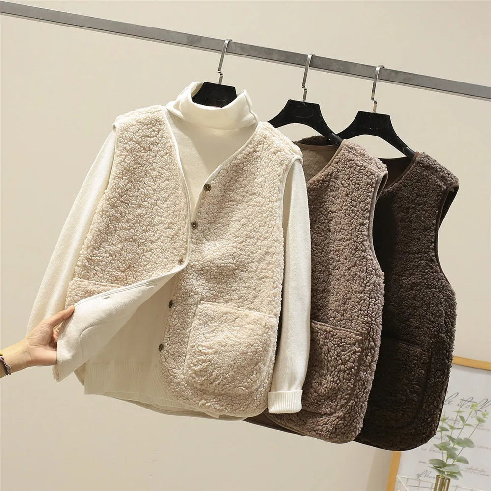 Zoey™ | Chaleco de borreguito con cuello en V y botones