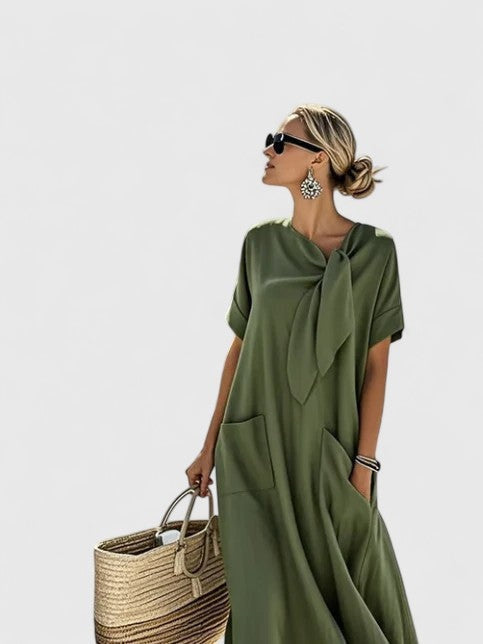 Morgan™ | Vestido largo suelto con lazo al cuello y bolsillos