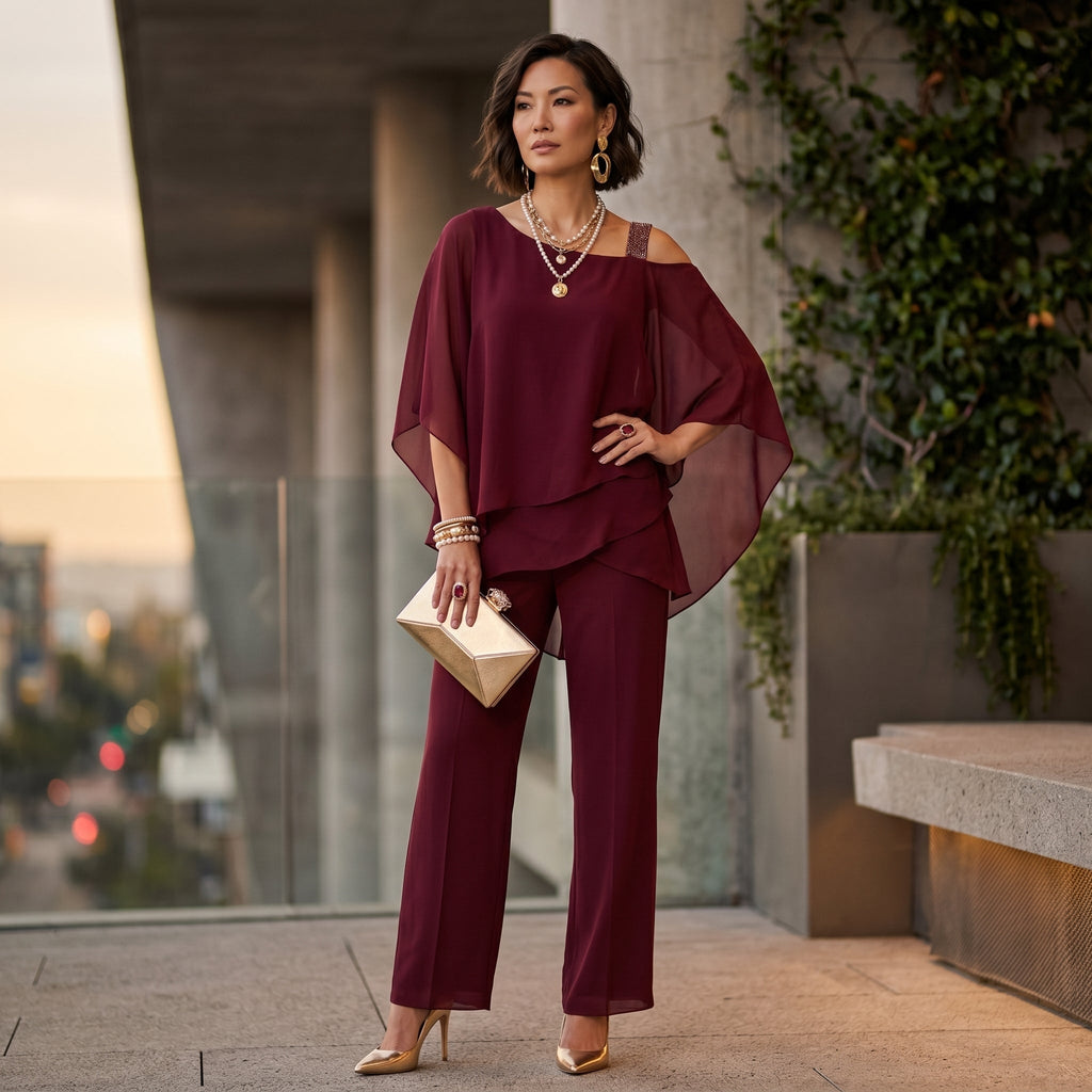 Sadie™ | Conjunto elegante de gasa con escote asimétrico