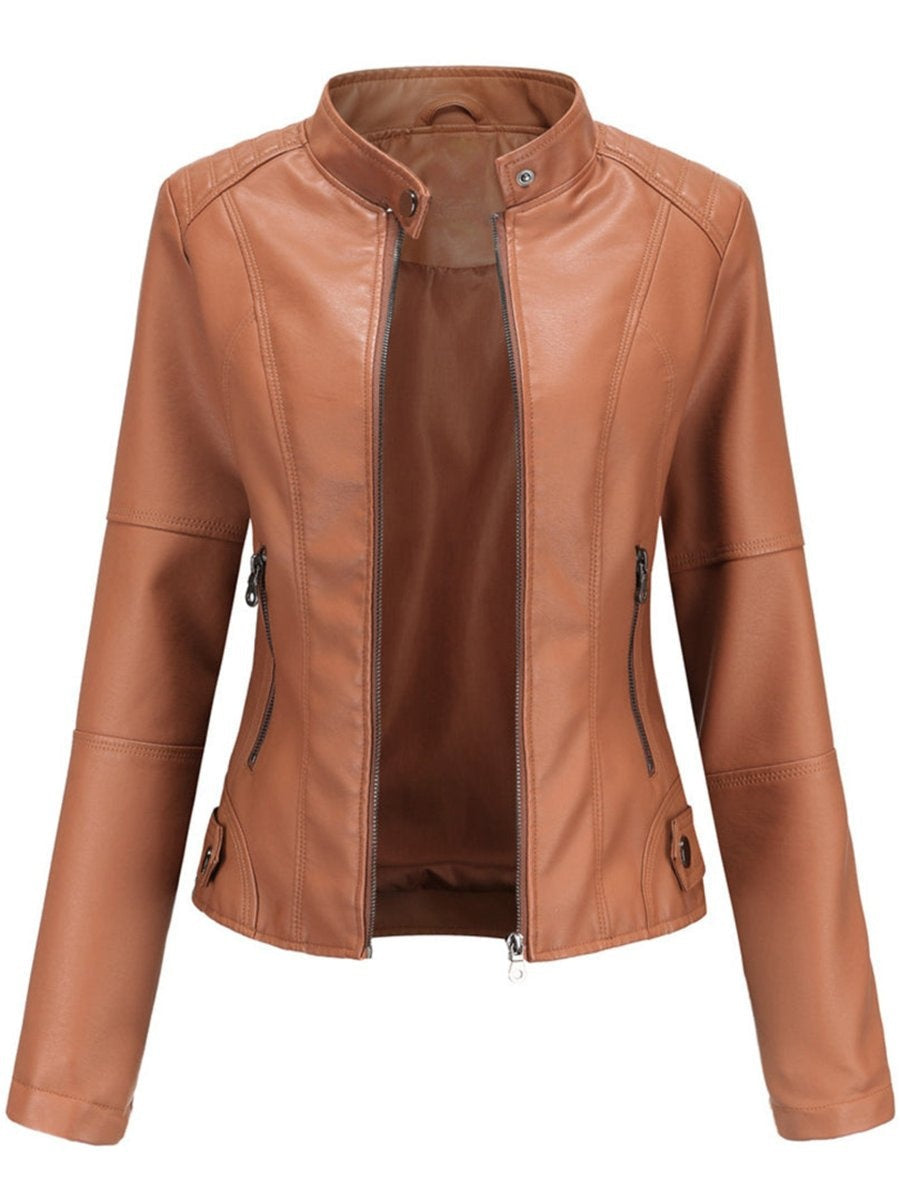 Mabel™ | Chaqueta motera de piel sintética con cuello mao