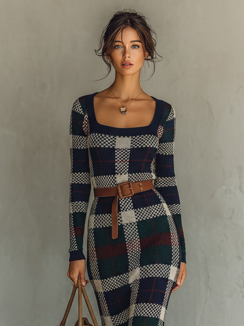 Erin™ | Vestido largo de punto con cuello cuadrado y cinturón