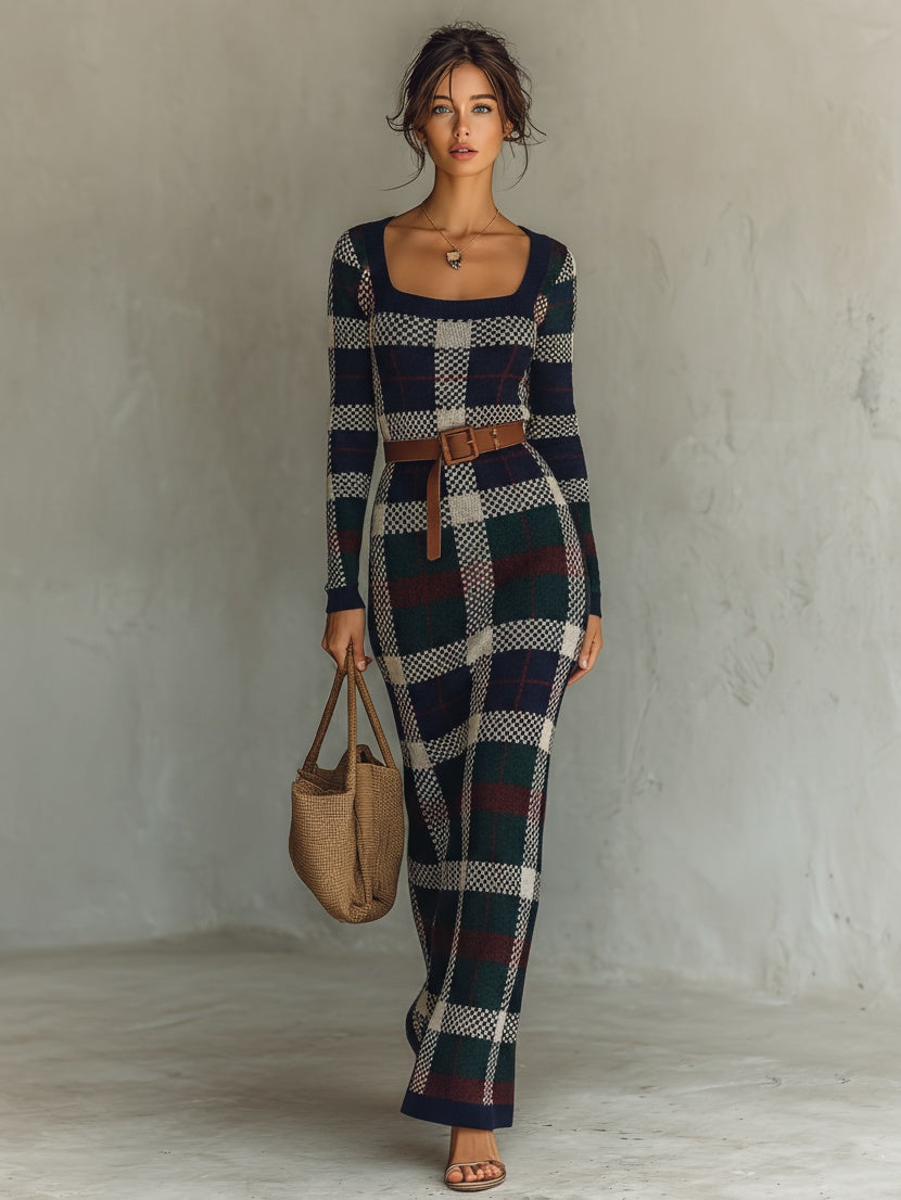 Erin™ | Vestido largo de punto con cuello cuadrado y cinturón