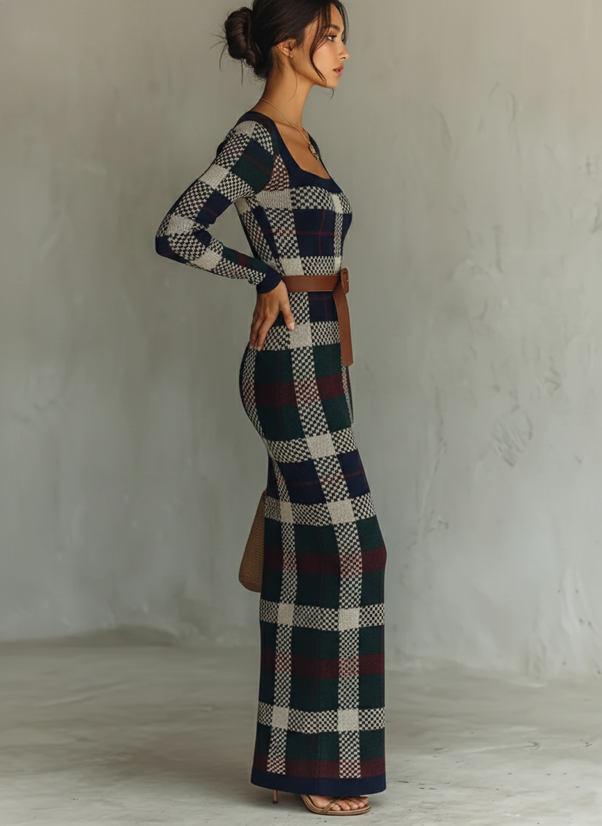 Erin™ | Vestido largo de punto con cuello cuadrado y cinturón