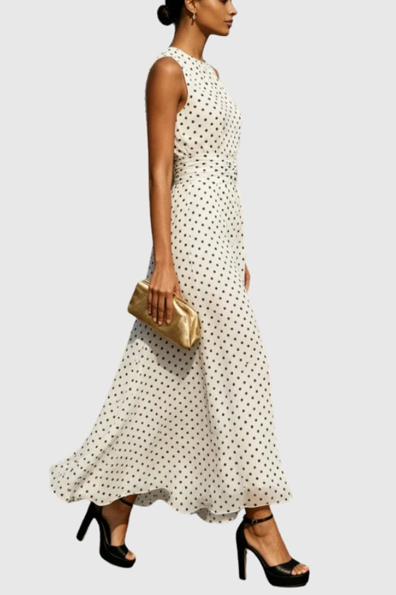 Molly™ | Vestido largo sin mangas de lunares con volante