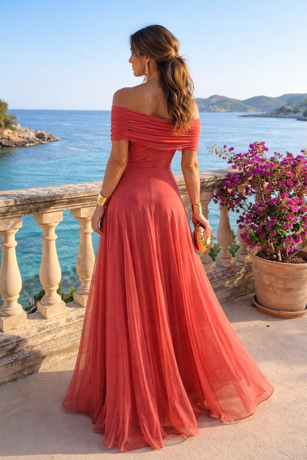 Quinn™ | Vestido largo palabra de honor con hombros descubiertos